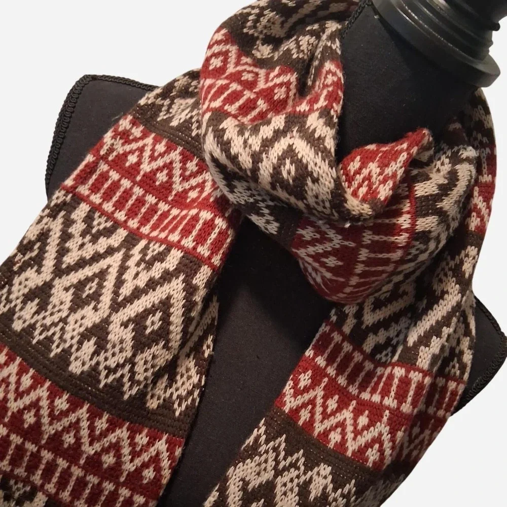 Mens Vintage 100% wool scarf with red, brown, and beige geometric